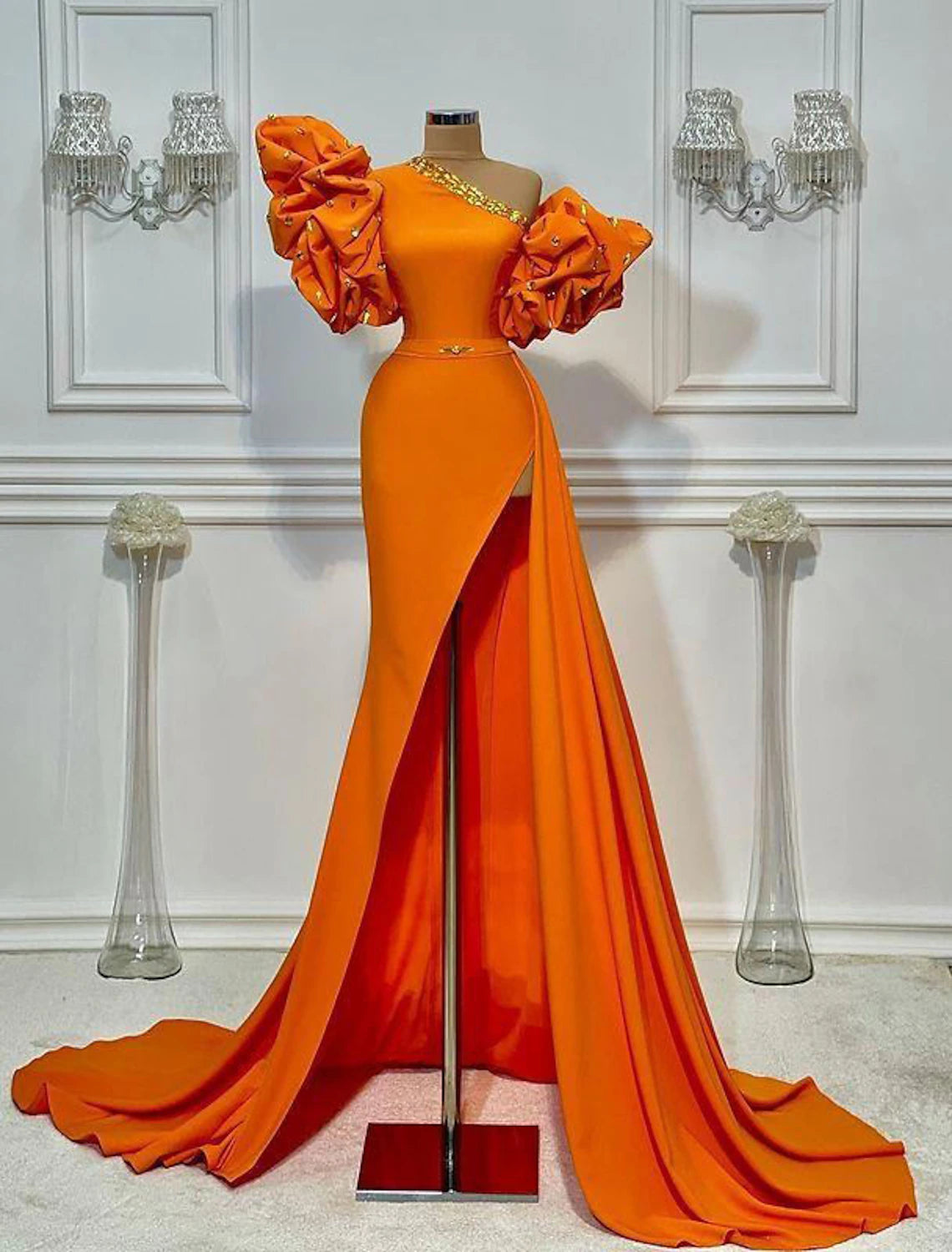 Luolandi A-Line Evening Gown Floral Dress Masquerade Court Train Short Sleeve One Shoulder African American Satin